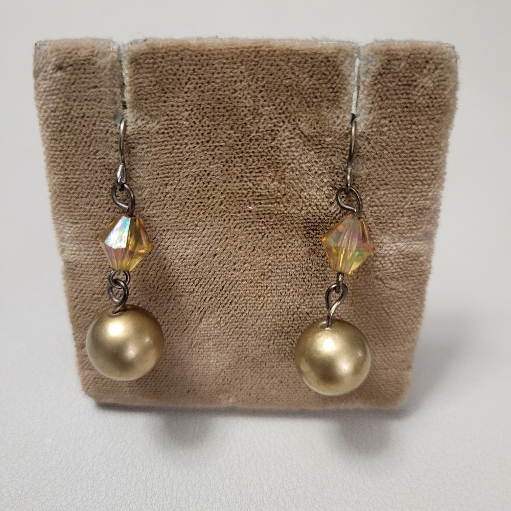 Unsigned Aurora Borealis Bead Gold Imitation Pearl French Hook 1.5" Earrings - Picture 1 of 2
